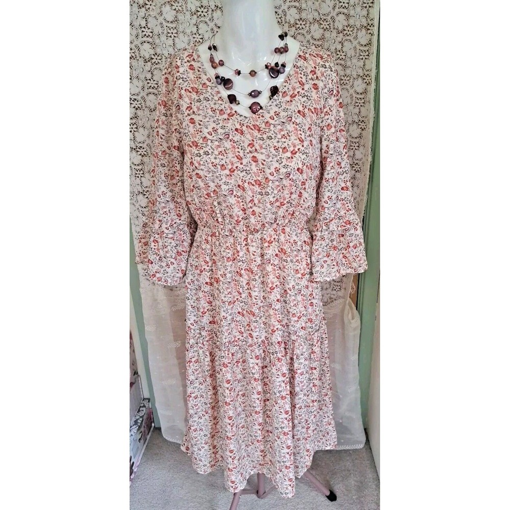 Mikarose Dress‎ XS Midi V-neck Bell Half Sleeve Cottage Core Prairie Milk Maid